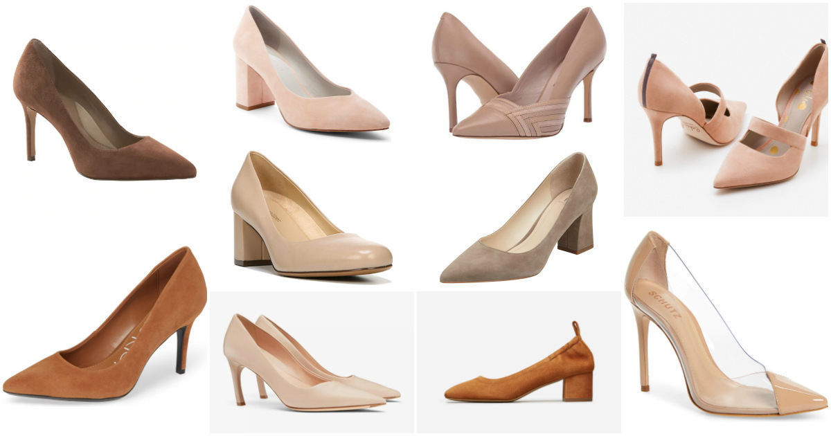 collage of skin-tone pumps for work