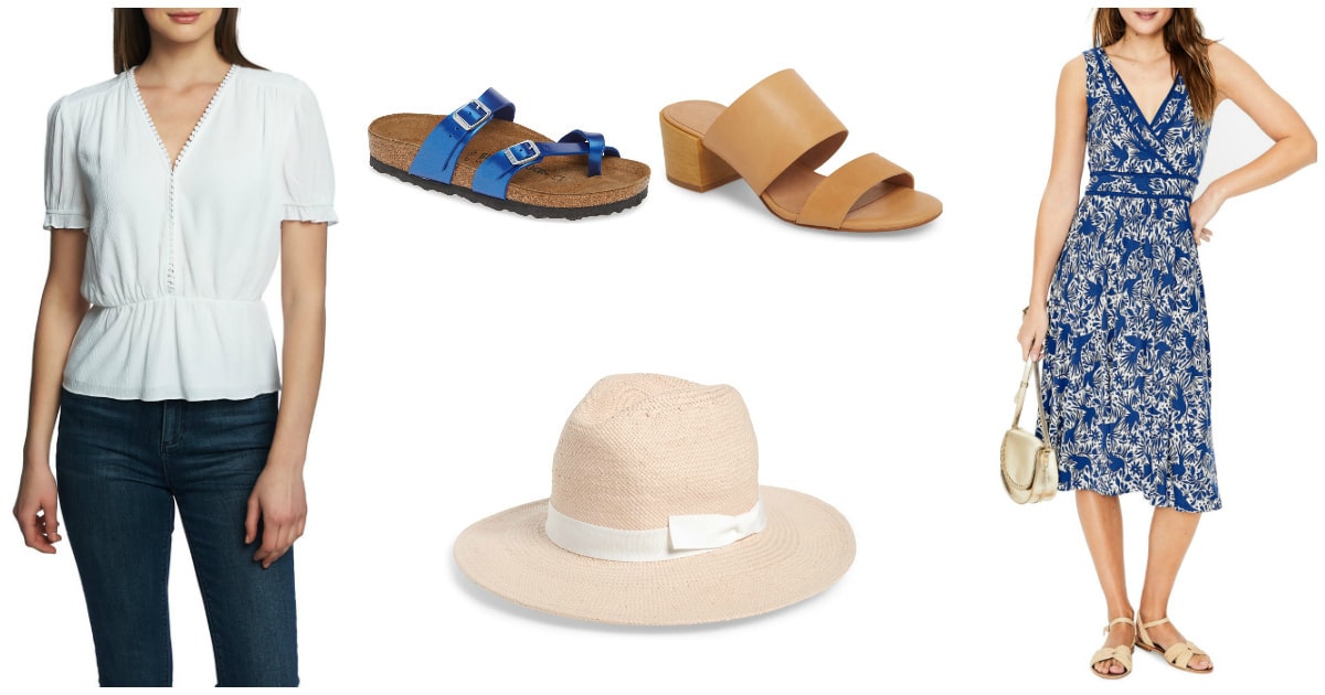 collage of white blouse, blue Birkenstock, beige sandal, blue sundress, beige straw hat