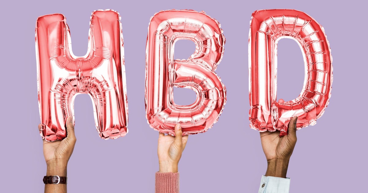 3 hands hold up large pink foil balloons reading H B D, there is a purple background