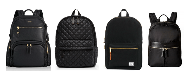 collage of 4 black backpacks for work: Tumi (gold hardware), MZ Wallace (quilted details), Herschel (black canvas) and Knomo (nylon backpack with leather details). 