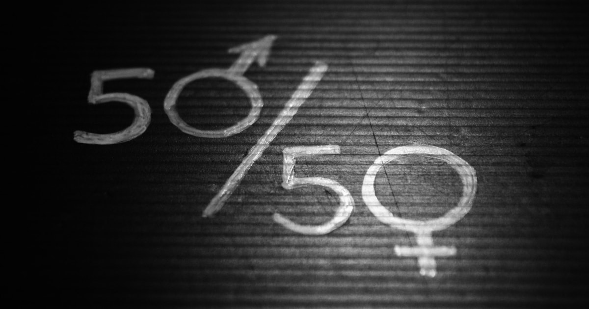 White numbers on black background reading “50/50” with male/female symbols in place of zeros