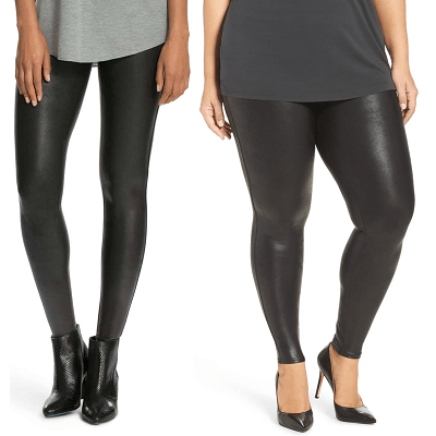 collage of a model in straight sizes and a model in plus sizes, both wearing faux leather leggings