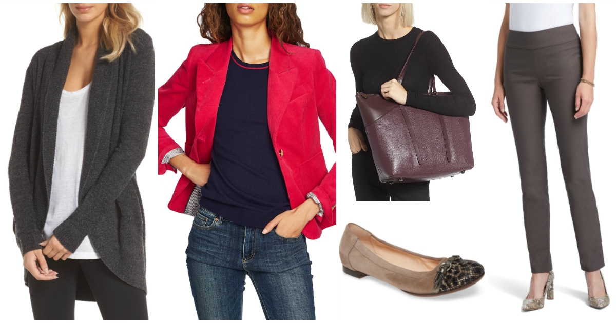 collage of gray circle cardigan, pink/red blazer with jeans, burgundy zip-top tote bag, beige suede ballet flat with leopard-print cap-toe, and medium brown Wonderstretch pants