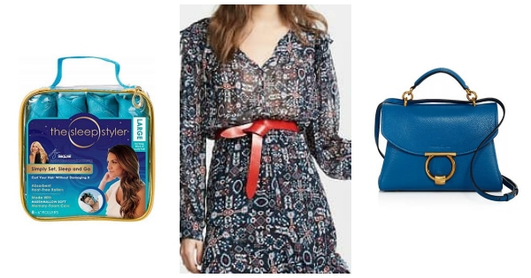 collage of 1) The Sleep Styler, 2) red leather folded belt for dresses, 3) blue leather crossbody bag with large ring detail (Ferragamo)