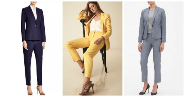 collage of 1) dark navy suit with collarless blazer, 2) bright yellow suit with shawl blazer, 3) dusty blue pantsuit with windowpane