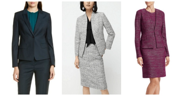 collage featuring 1) emerald green pantsuit with teal green blouse, 2) black and white skirt suit with collarless blazer, 3) raspberry sherbet suit with collarless blazer and sheath dress