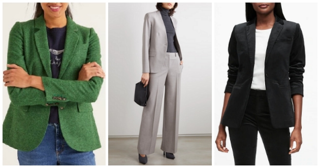 collage featuring 1) bright green tweed blazer paired with blue jeans, 2) light gray pantsuit with collarless blazer and wide trousers, 3) black velvet pantsuit with skinny pants