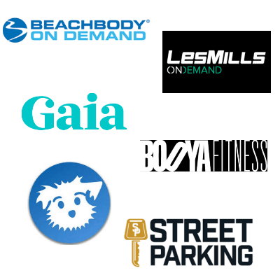 collage of logos for Beachbody on Demand, Les Mills on Demand, Gaia, BooyaFitness, DownDog, and StreetParking