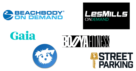collage of logos for Beachbody on Demand, Les Mills on Demand, Gaia, BooyaFitness, DownDog, and StreetParking