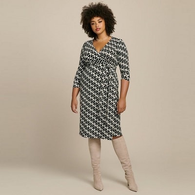 Geometric print plus size dress for work from designer Diane von Furstenberg