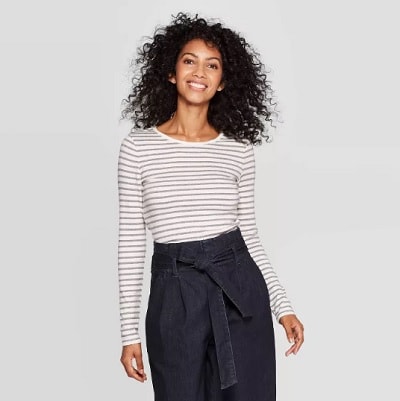 striped long-sleeved crew neck T