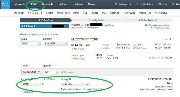 screenshot showing how to do a stop limit order at Schwab