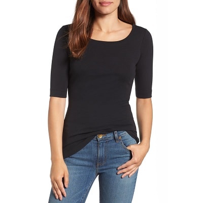 black t-shirt with ballet neck and elbow sleeves