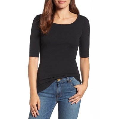 black t-shirt with ballet collar and elbow sleeves