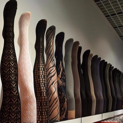Tights on display at store in various patterns and colors