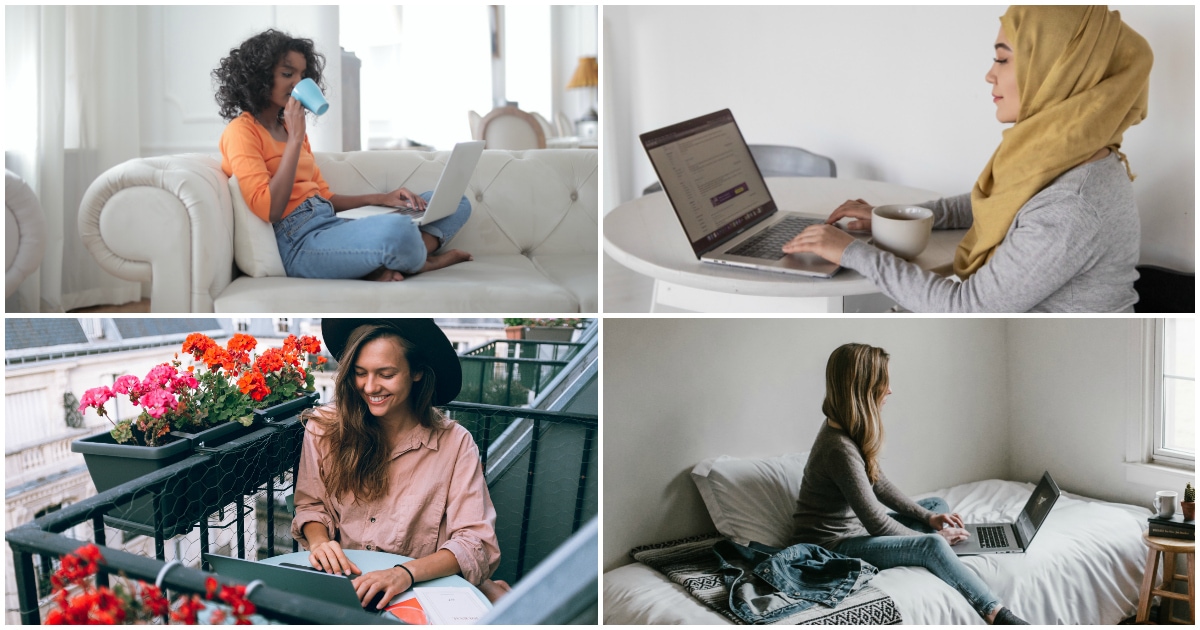 collage of women working on couch, at kitchen table, on bed, on balcony