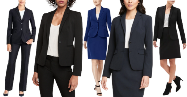 collage of 5 classic-but-affordable suits for women: 1) black pantsuit from JCF, 2) black pantsuit from BRF, 3) navy skirt suit from Anne Klein, 4) navy skirt suit from Ann Taylor, 5) black skirt suit from Express   