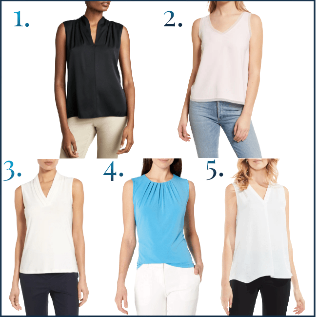 collage of 5 sleeveless blouses for work outfits, all with sufficient coverage for bra straps: 1) black, silky, notchneck V; 2) floaty pink v-neck with transparent/chiffon details at the edges; 3) a white V-neck with a triple-pleat around the V, 4) a blue crew neck blouse with pleat details at the neck, and 5) a floaty white V-neck in a 