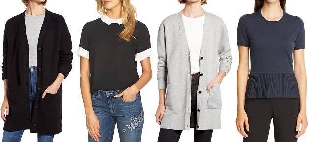 Collage: black cotton cardigan, black top with layered effect with white Peter pan collar and white ruffled short sleeves, gray cotton/merino/poly sweater from J.Crew, navy peplum short-sleeved sweater from Boss