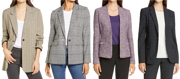 collage of 4 blazers: beige plaid, black and white glen plaid, grape tweed, and navy windowpane