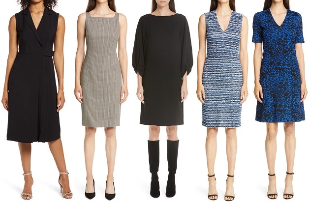 Collage of five dresses: black sleeveless wrap shirtdress, square-neck beige plaid sheath from Theory, black lantern sleeve dress from Lafayette 148 New York, blue space dye knit sheath from St. John, and black and blue floral V-neck A-line with short sleeves from St. John 
