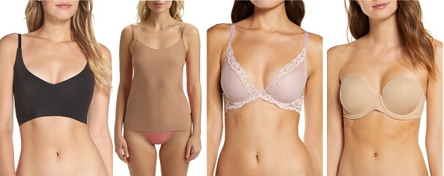 Collage of black wireless bra from True & Co, beige camisole from Commando, pale pink plunge bra from Natori, and molded underwire strapless bra from Wacoal