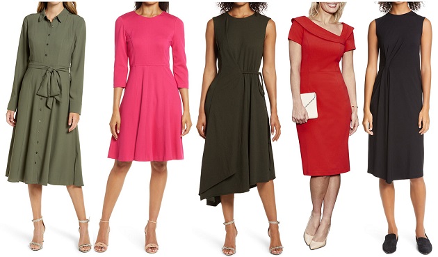 Collage of 5 work dresses: long-sleeved olive shirt dress from Rachel Parcell, hot pink seamed fit and flare dress from Eliza J, black asymmetrical dress from Maggy London, red sheath with short sleeves and asymmetrical neckline from Harper Rose, and sleeveless, crewnecked sheath with gathered, pleated details at skirt from Vince