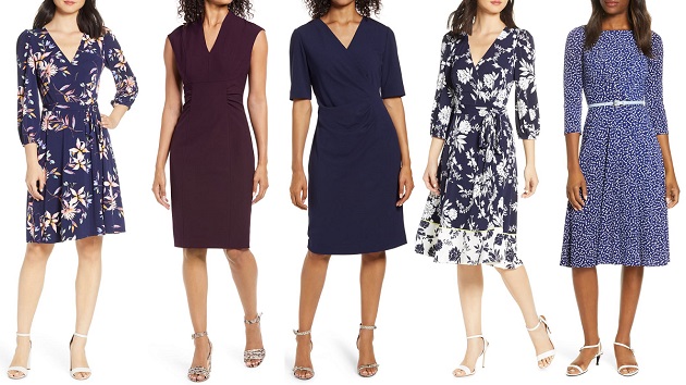 Collage of 5 dresses for work: blue floral wrap, dark purple sleeveless V-neck sheath, dark blue elbow-sleeve V-neck sheath, blue floral wrap dress with three-quarter sleeves, and blue floral A-line dress with crew neck and bracelet-length sleeves