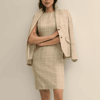 beige windowpane skirt suit
