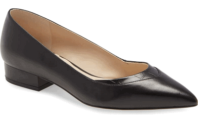 black leather pointed toe skimmer flats