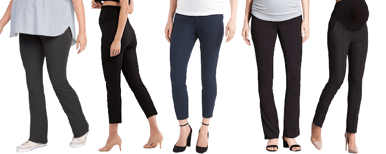 collage of 5 women professionals wearing stylish maternity pants for work