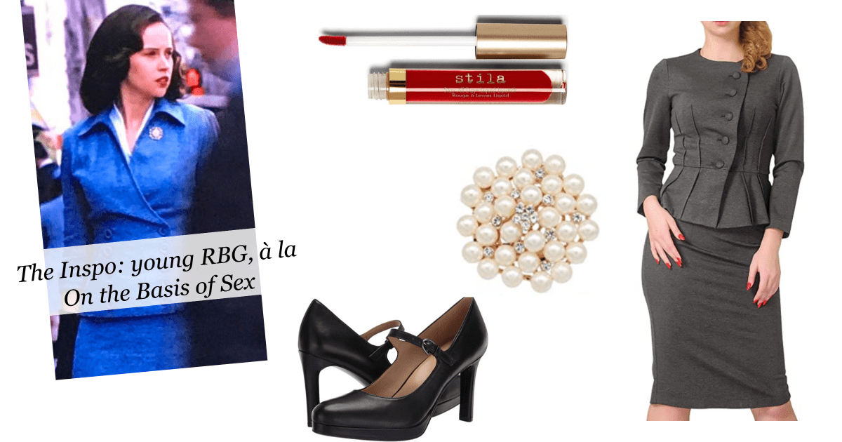collage with outfit ideas for how to look like young RBG for Halloween, including a $50 vintage-inspired suit, Mary Jane heels, bright red lipstick, and a pearl brooch