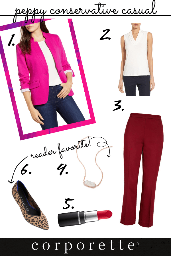 outfit idea collage featuring a casual conservative outfit with a neon pink blazer, burgundy pants, a white shell blouse, druzy rose-gold necklace, and leopard flats