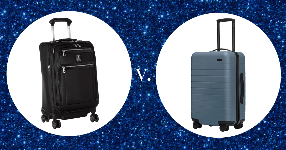 Graphic with blue glitter background showcasing a soft-sided suitcase in a white bubble vs a hard-sided suitcase in a white bubble. 