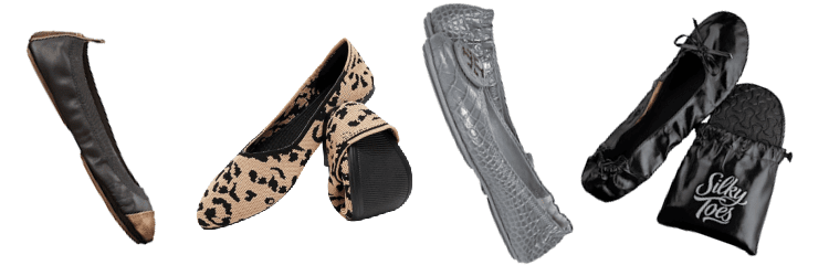 collage of 4 pairs of foldable flats: 1) black with a gold toe and heel details, 2) leopard print, 3) gray stamped leather, 4) black satin ballet flats with a carrying case