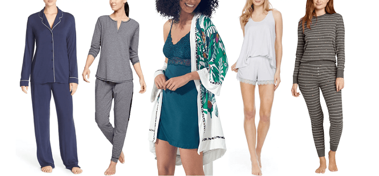 collage of 5 different models wearing pajamas: blue loose pajamas, gray casual pajamas, green lacy chemise, white lacy shorts set, and gray stripey long-johns-like PJs