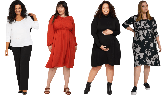 collage of 4 women wearing plus-sized maternity clothes for work