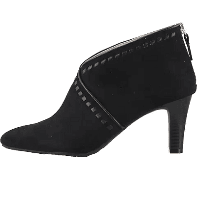 a black suede shootie or ankle bootie with a zip in the back and a dip in the front