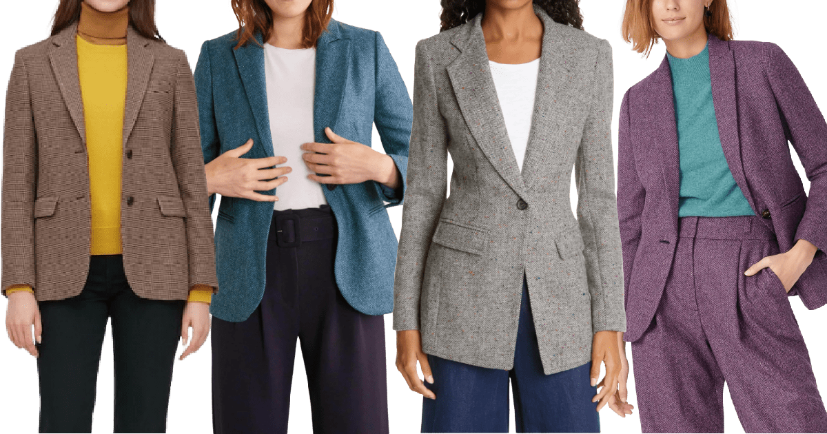 4 women wear warm tweed blazers that make a statement