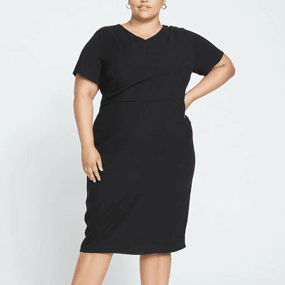 one of the best plus-size dresses for work from Universal Standard; it has short sleeves and a slight drape detail across the front
