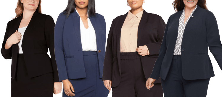 collage of 4 plus-size women wearing interview suits
