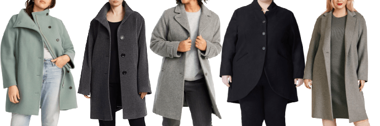 collage of five plus-size winter coats for work: 1) dusty blue J.Crew stadium coat, 2) Cinzia Rocca cashmere coat, 3) LL Bean wool blend coat, 4) Universal Standard wool coat, 5) gray elegant Vince coat 