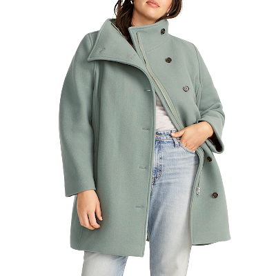 woman wears light teal professional winter coat for women