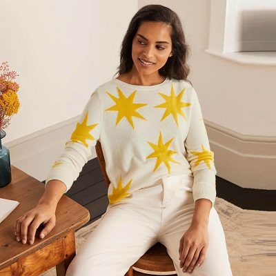 cashmere sweater, white with yellow stars