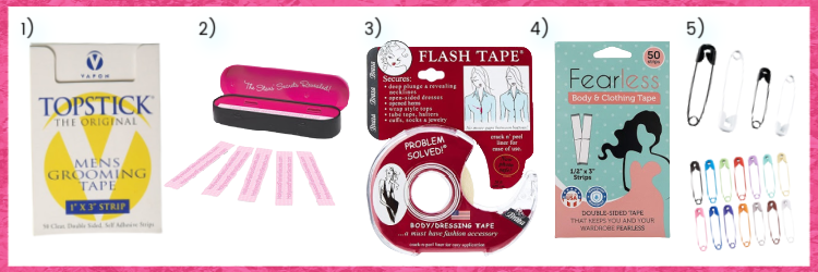 collage of 5 products for gaping blouses including toupee tape, medical tape, flash tape, fearless tape, and a variety of safety pins