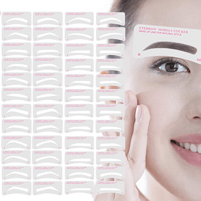 half of a woman's face with 24 eyebrow stencils pictured next to it 