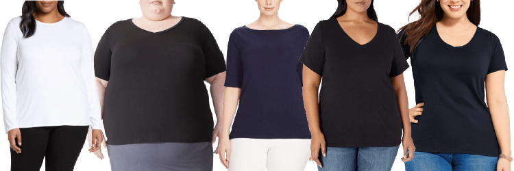 collage of 5 plus size women wearing t-shirts: 1) white crew with long sleeves, 2) wide V neck with elbow sleeves, 3) navy blue boat neck with elbow sleeves, 4) wide V with short sleeves, 4) rounded V with short sleeves sleeves