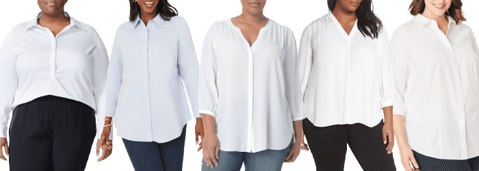 Image of 5 plus-size women wearing 1) a crisp popover blouse with collar 2) a crisp button-front blouse with 3/4 sleeves 3) a silky button-front dress with a notched V-neck but no collar, 4) a silky popover blouse with a V-neck, and 5) a crisp popover blouse with a collar