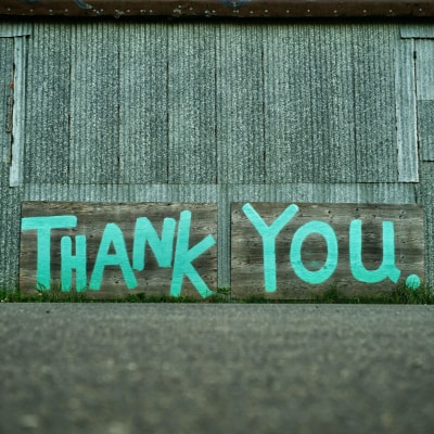 graffiti on wall reads THANK YOU! in minty green letters