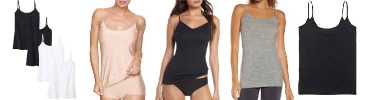 collage of 5 options for camisoles: 1) 4-pack with 2 black and 2 white camis, 2) woman wearing nude-for-her camisole with scoopneck, 3) woman wearing black cami with V-neck, 4) woman wearing gray camisole with scoop neck, 5) camisole with round neck 